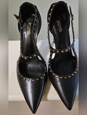 Michael Kors Black Leather Pointed Toe Studded Mary Jane Heels